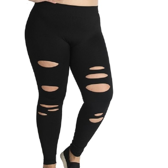 SEAMLESS MADE IN USA Plus Size Distressed Leggings - Picture 1 of 4